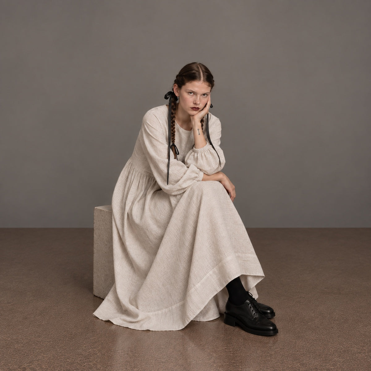 LINEN SEISOEN DRESS OATMEAL