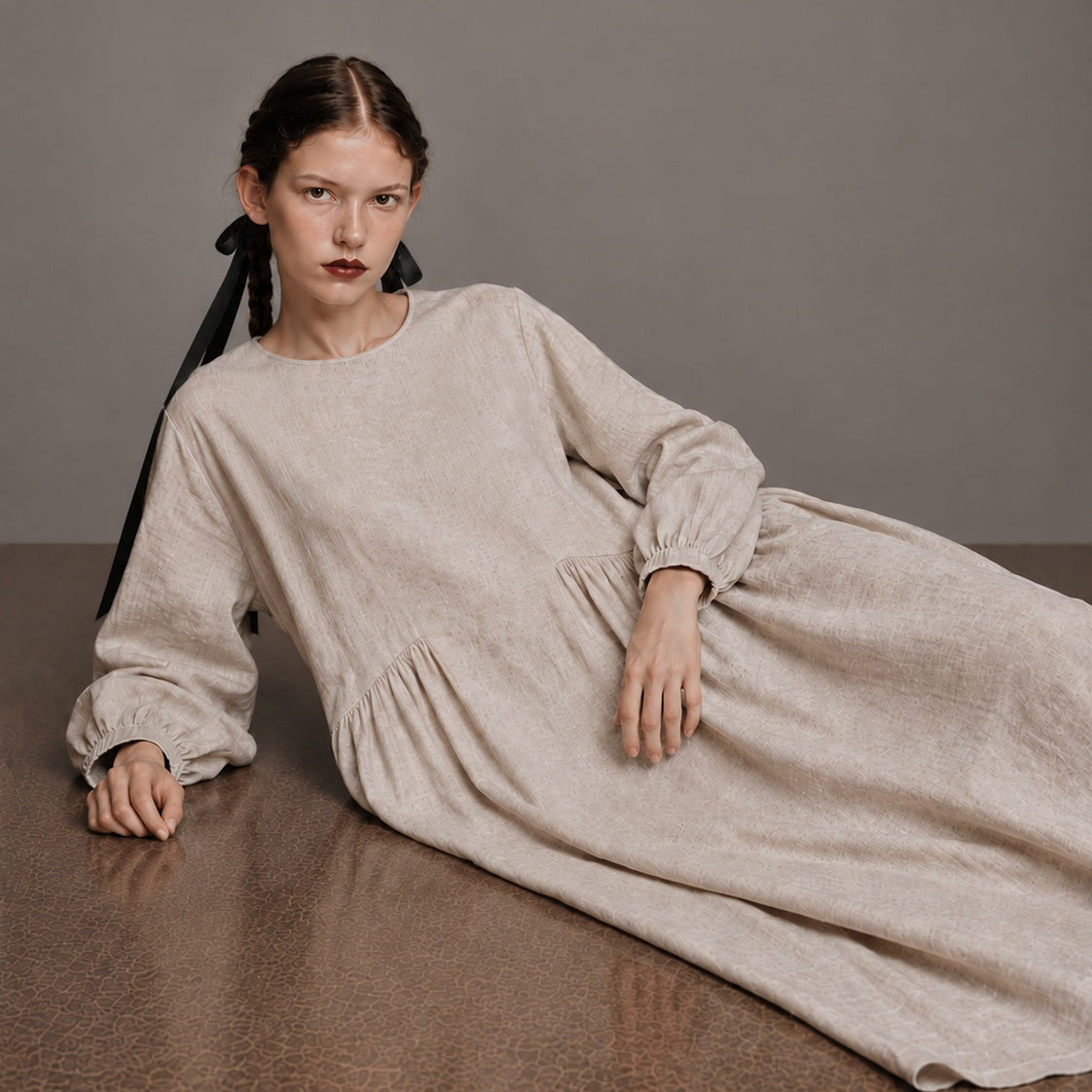 LINEN SEISOEN DRESS OATMEAL